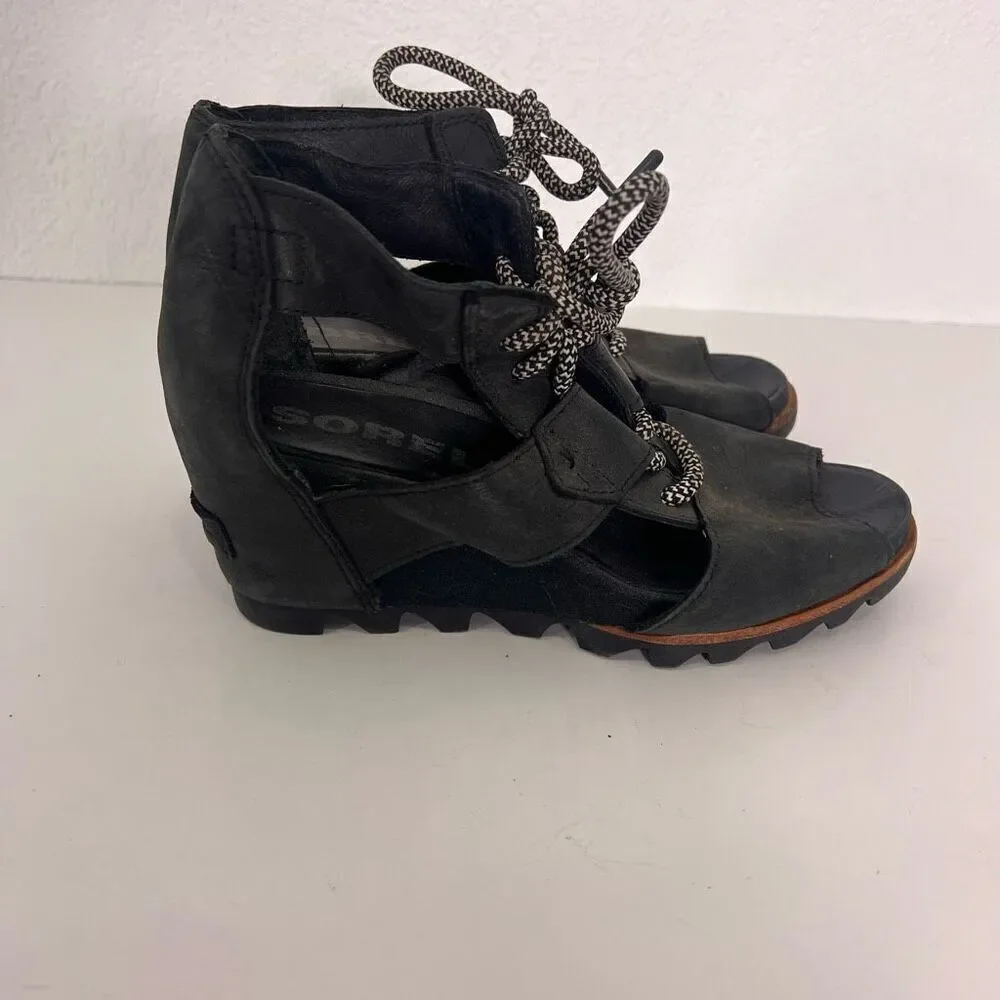 Sorel Black Leather Cutout Detail Lace Up Wedge‎ Sandals Women’s 7.5
